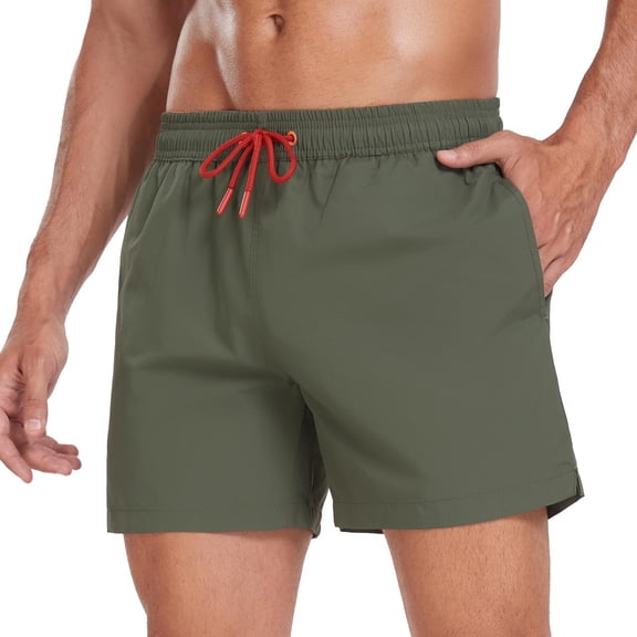 Fnooota Mens Board Shorts, Quick-drying Summer Elastic Waist Casual Beach Shorts with Drawstring Army Green Size S-2XL