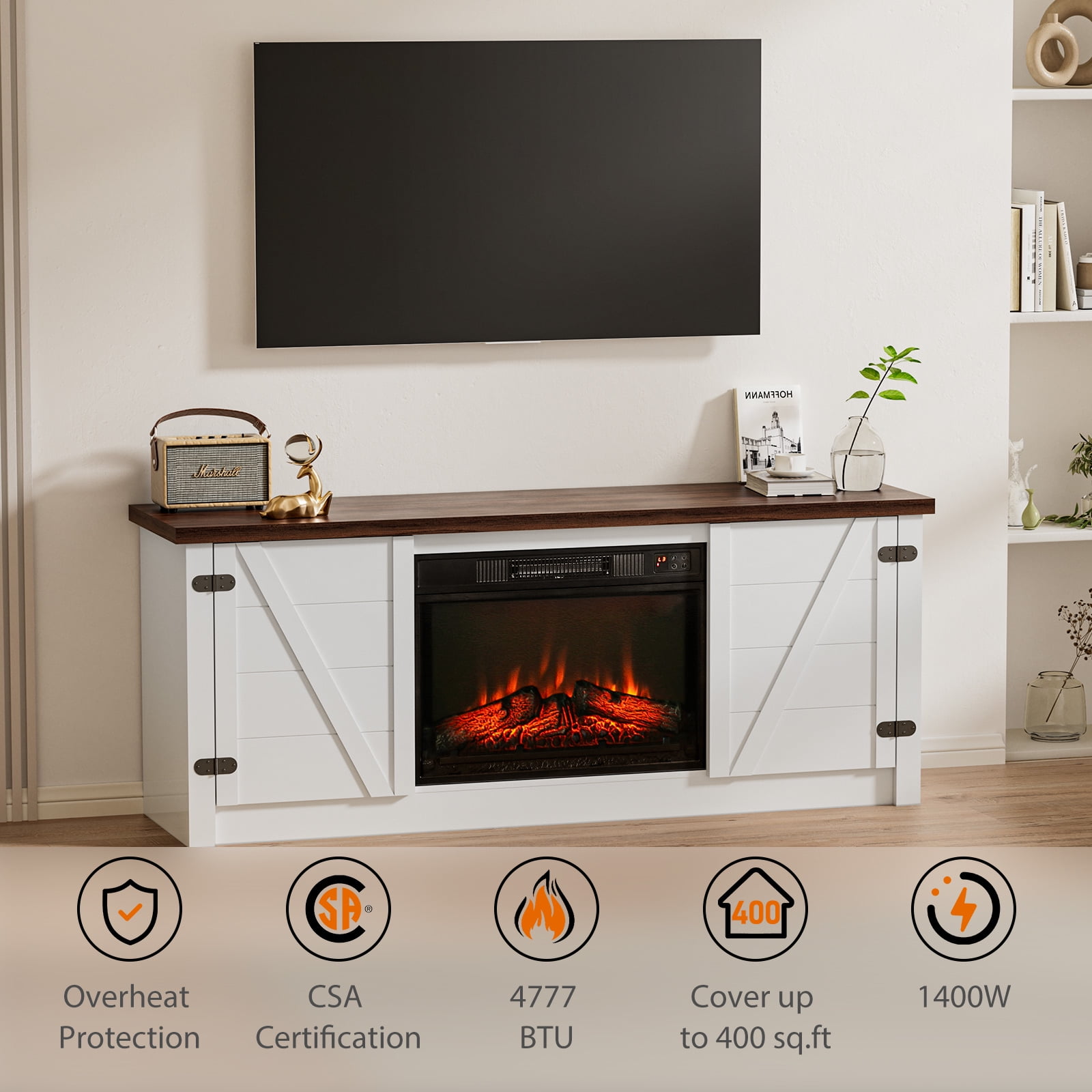 MARNUR Electric Fireplace TV Stand for TVs up to 65", Farmhouse Entertainment Center with 2 Doors, Rustic Wood, White