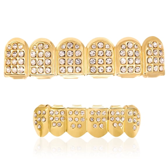18K Gold Plated Grillz Teeth Set for Men Women, Custom Fit Top & Bottom Mouth Caps, Hip Hop Party Costume Jewelry with Molding Bars