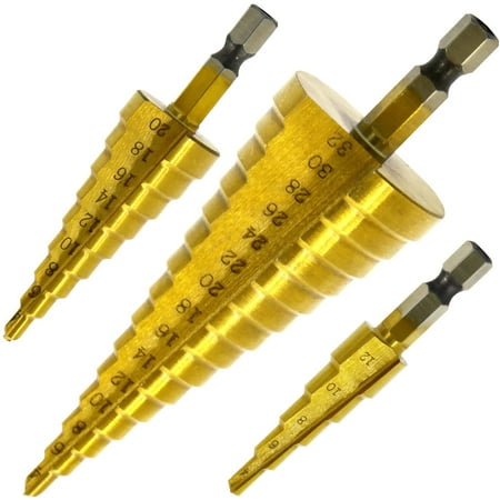 

Set of 3 Staggered Countersink Drill Bit HSS Stainless Steel Titanium Conical Triangle with Hexagonal Shank For Screwdriver Drilling on Steel Brass Wood Plastic