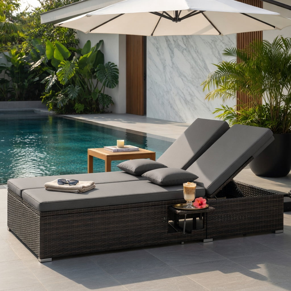 Hommoo Double Chaise Lounge Chair with Adjustable Backrest, PE Rattan Outdoor Patio Lounger Set, Folding Side Tables, Gray