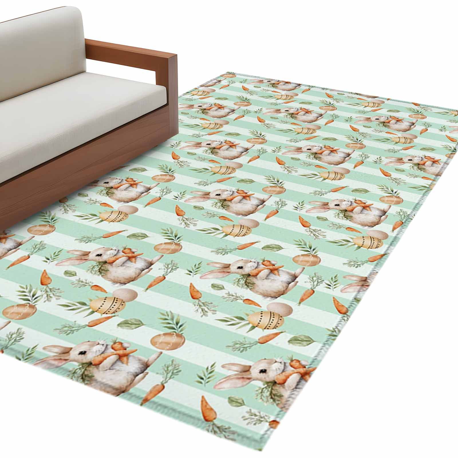 Rectangle Area Rug 4x6ft Country Bunny Easter Egg Non-Slip Non-Shedding Floor Mat Watercolor Carrot Ombre Stripes Washable Sturdy Carpet for Living Room Bedroom Home Decor