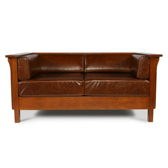 Crafters and Weavers Arts and Crafts Leather Side Loveseat in Chestnut Brown
