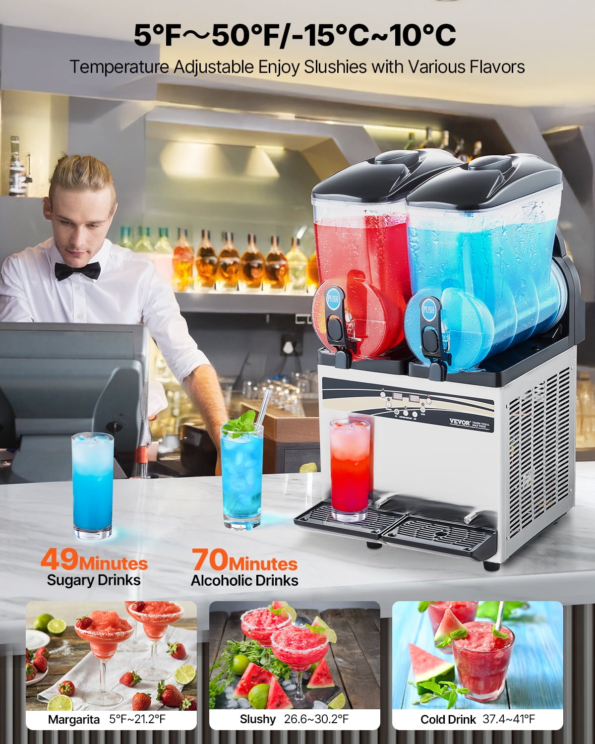 VEVOR Commercial Frozen Drink Maker, 15Lx2 Double Tank Slushy Machine, 120 Cups Stainless Steel Margarita Smoothie Frozen Drink Machine, Slushie Maker for Home Party Restaurants Cafe Bars