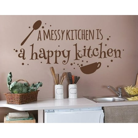 Script White Decal - A Messy Kitchen is a Happy Kitchen Wall Decal - wall decal, sticker, mural vinyl art home decor, quotes and sayings - 4510 - White, 24in x 11in