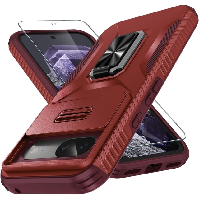 KOMI for Google Pixel 8A Case with Tempered Glass Screen Protector and Camera Lens Cover,Rotated Ring Stable Kickstand,Heavy Duty Shockproof Protective Phone Cover Red