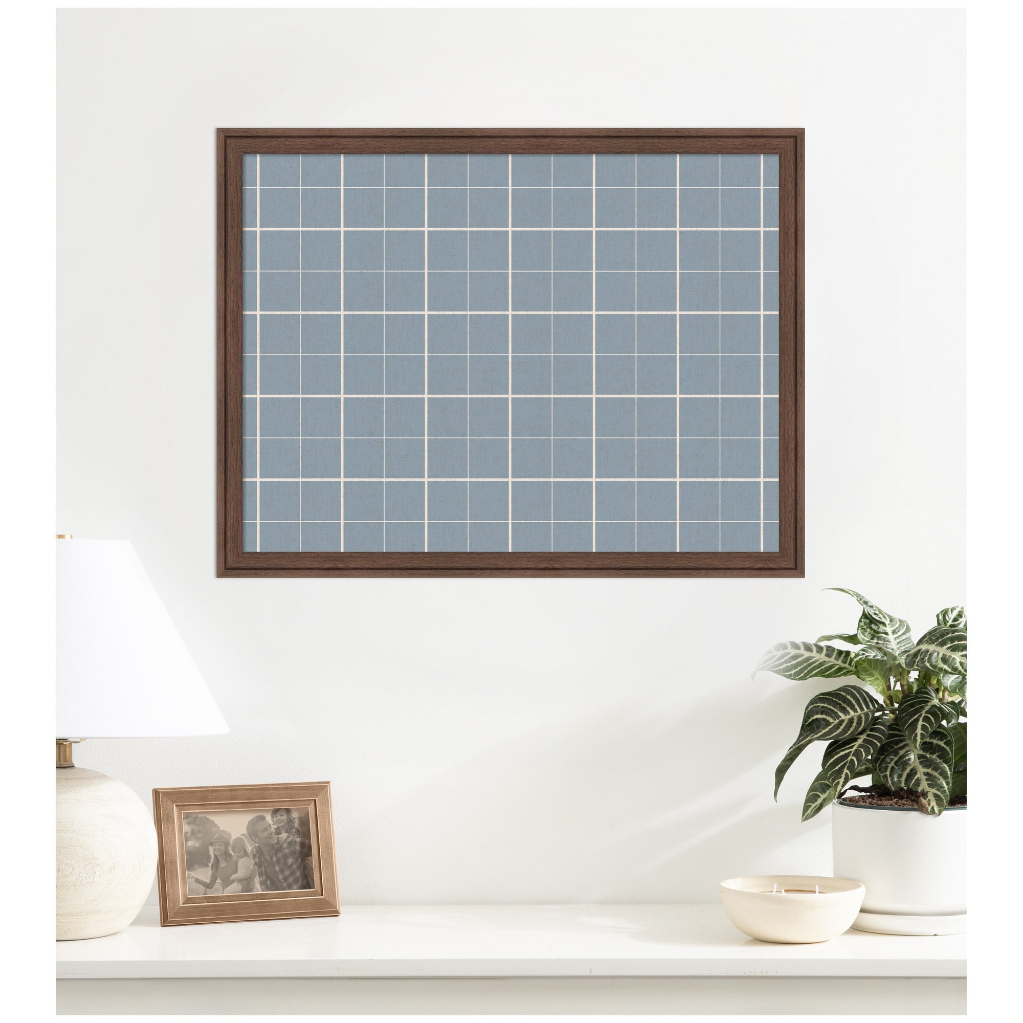 Kate and Laurel Framed Fabric Pinboard 26 x 20, Light Blue Plaid Printed Linen Classic Bulletin Board for Use as a Vision Board or Wall Organization, Florence Medium Brown Frame