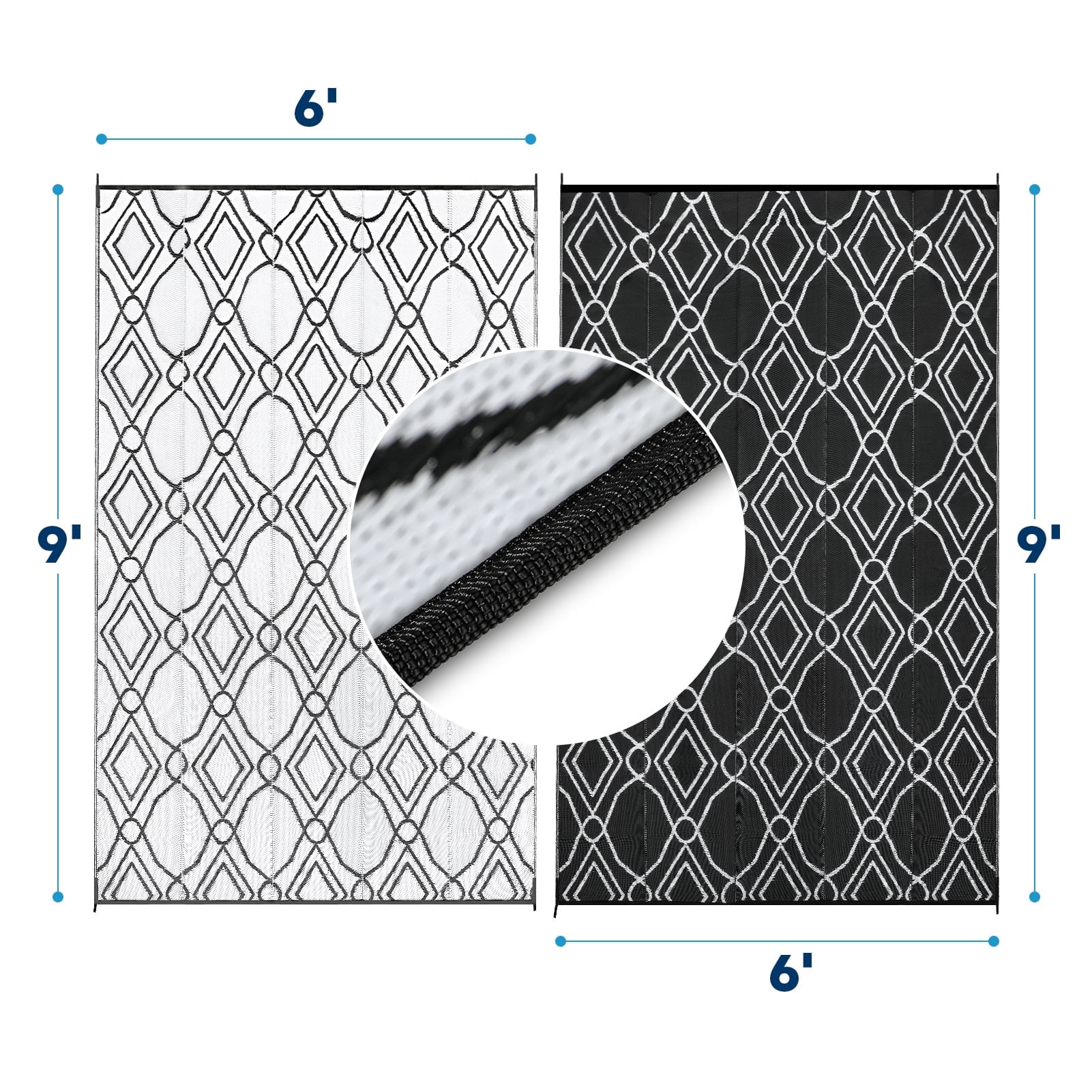 Kohree Outdoor Plastic Straw Rug 6'x9' ,Waterproof Mat with 4 Corner Loops Indoor Outdoor for RV, Camping, Deck ,Balcony (Black & Gray)