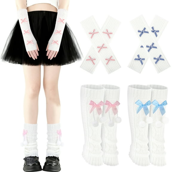 Bocaoying 4 Pairs Cute Leg Warmers and Arm Warmers for Women, Cute Y2K Leg Warmers, Knit Acrylic White Arm Warmers, Ribbed Knit Bow Knee High Legwarmers