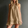 thumbnail image 2 of Women's Sleeveless Button up Mini Dress Stand Collar Ruffle Hem Loose Tank Dress, Solid Casual Swing Dress for Daily & Beach Outfits Khaki, 2 of 6