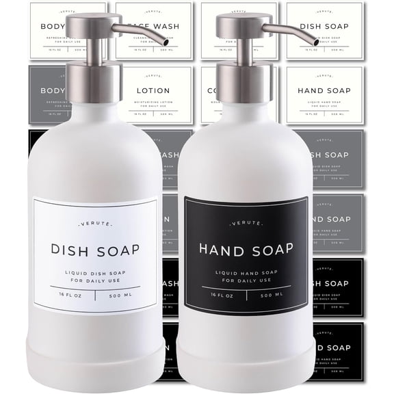 16oz Glass Soap Dispenser with Stainless Steel Pump, 21 Waterproof Labels, Non-Slip Protective Silicone Pad, Set of 2 for Bathroom & Kitchen (Matte White Bottle/Brushed Silver Pump)