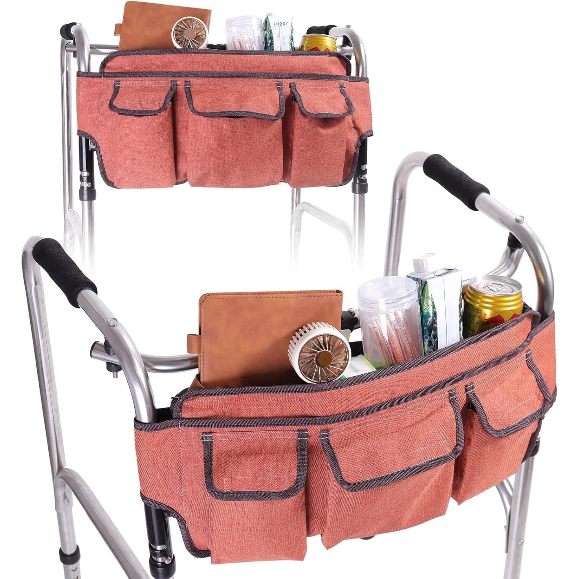 Large Walker Tote Bag with Cup Holder, Walking Frame Bag, Walker Basket, Folding Walker Attachment Hands-Free Storage Basket Mobility Aid Accessory Pouch for Elderly(Orange)