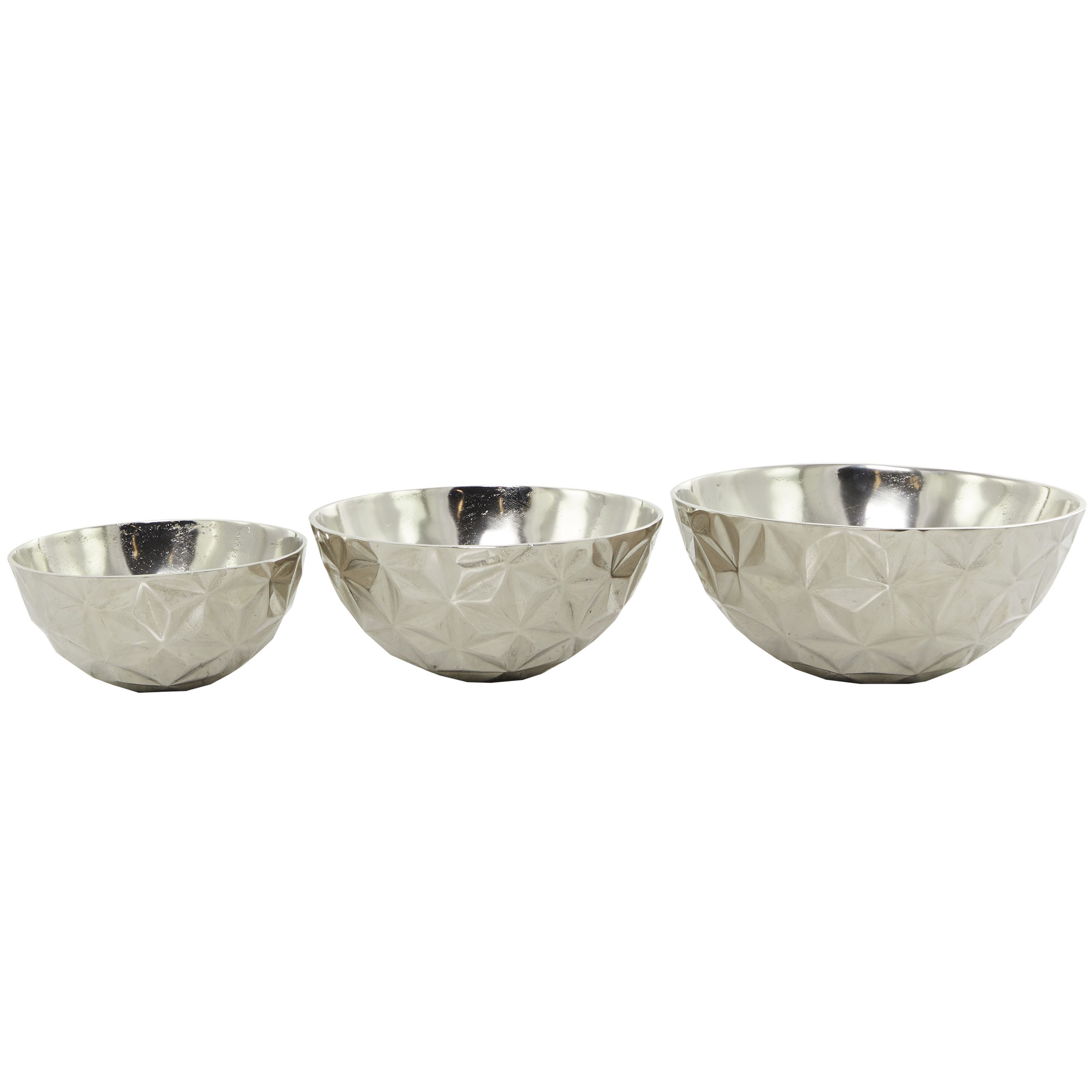 DecMode Modern Aluminum Round Shaped with Faceted Surface Decorative Bowl with Silver Glossy Interior Finish, Set of 3 14", 12", 10"