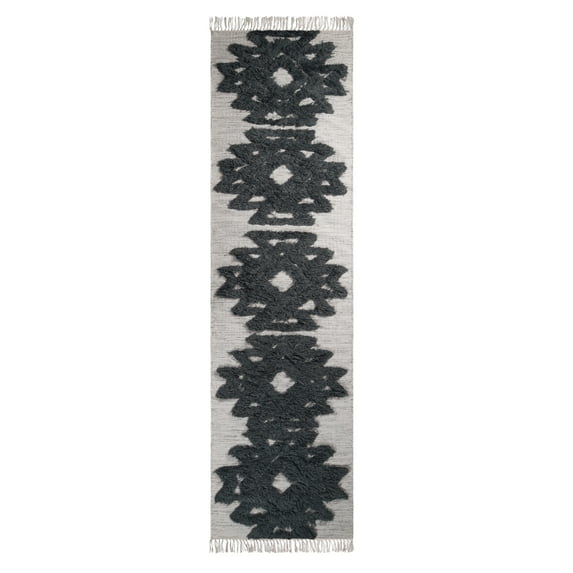 BNM Boho Wool Medallion Runner, 2'6" x 10', Ivory-Charcoal