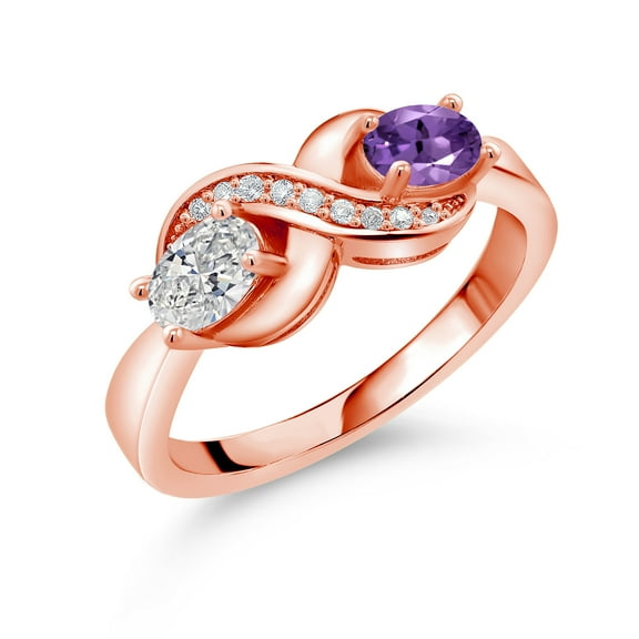 Gem Stone King 18K Rose Gold Plated Silver Lab Grown Diamond, Red Ruby & White Created Sapphire Statement Ring for Women | 1.09 Cttw | Oval 6X4MM | Gemstone April Birthstone | Size 8