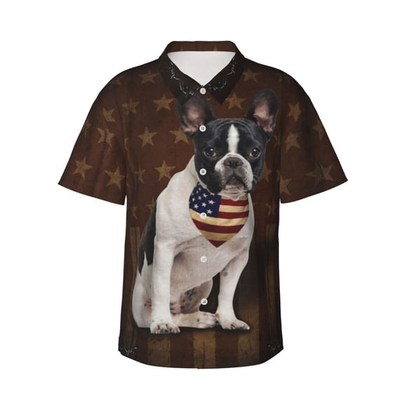 Boston Terrier Bulldog Dog With Vintage American Flag Men's 3d Print Casual Button Down Shirts, Novelty Hawaiian Short Sleeves Xl