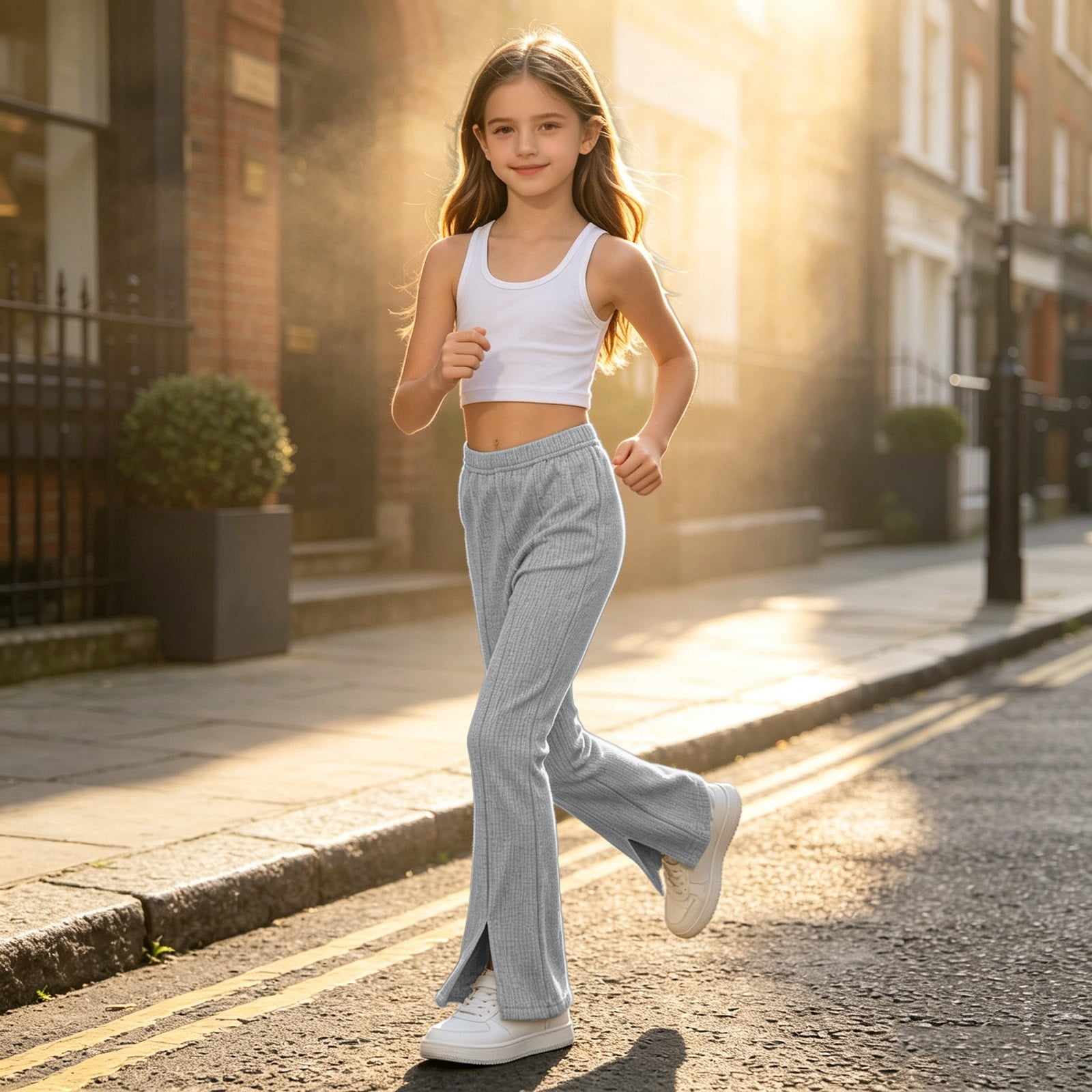 Ruyang Kids Girls Ribbed Knit Flare Pants Split Hem Loose Fit Bell Bottoms Soft Sweet Lightweight Casual Pull on Trousers