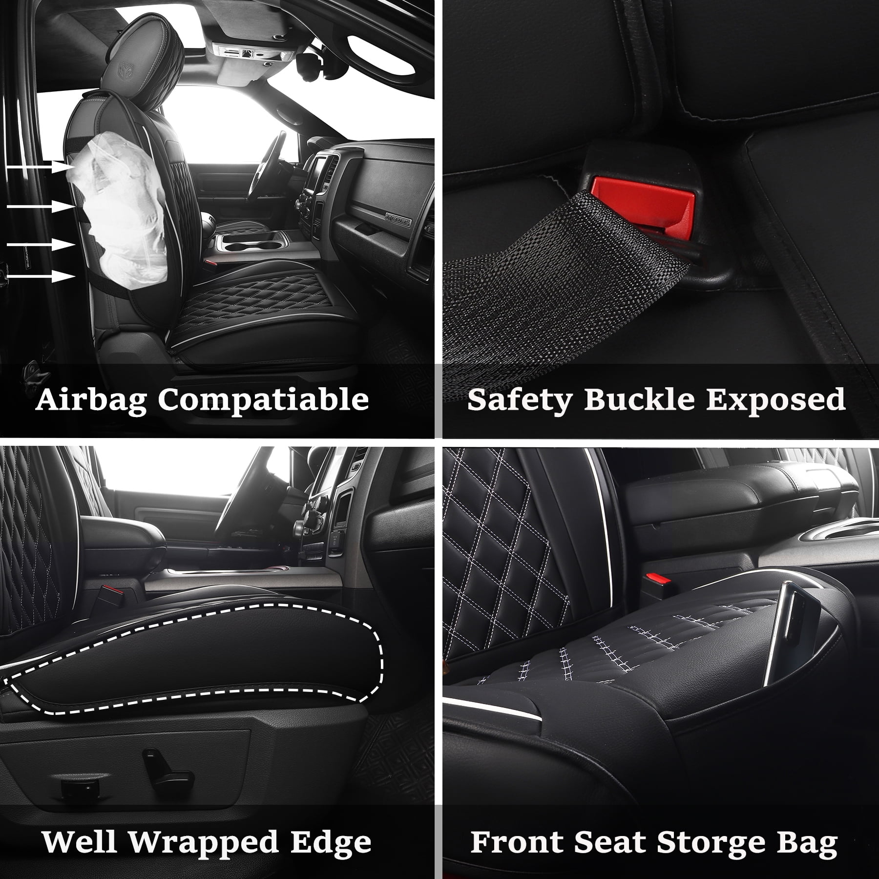 JOJOBAY Car Seat Covers for Dodge Ram,Fit 2009-2026 1500/2500/3500 HD Pick-up Truck,Crew,Regular,Quad,Mega Cab,Waterproof Synthetic Leather Seat Covers(2PCS-Front,Black-White)
