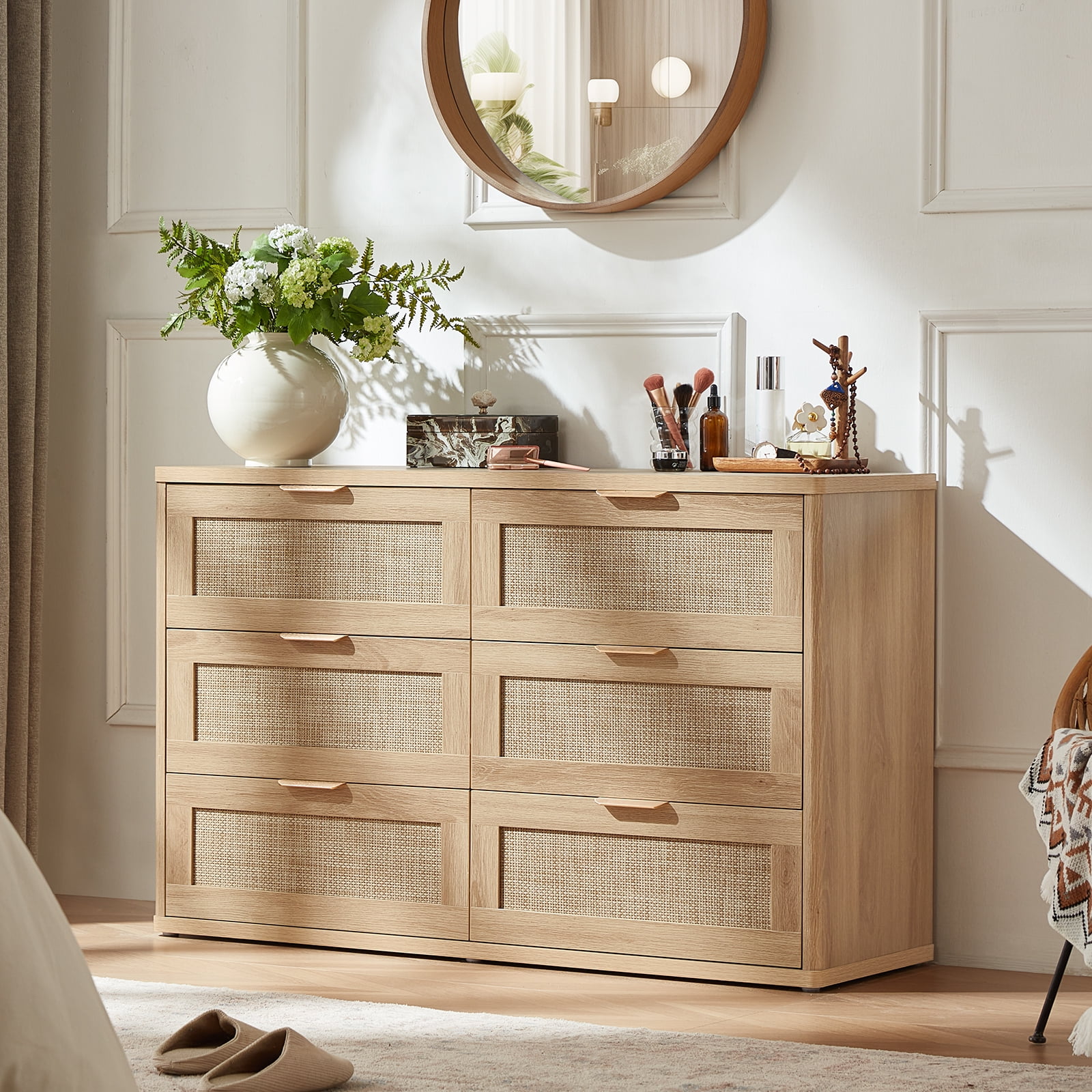 Natural Wood Dresser for Bedroom, Farmhouse Dresser with Metal Handles, Vintage 6 Drawers Dresser, Chest of Drawers Storage Cabinet for Living Room, Entryway