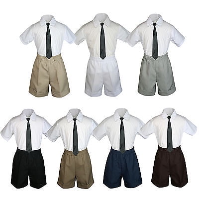

3pc Set Boy Toddler Formal Party Black Necktie White Black Khaki Shorts S-4T