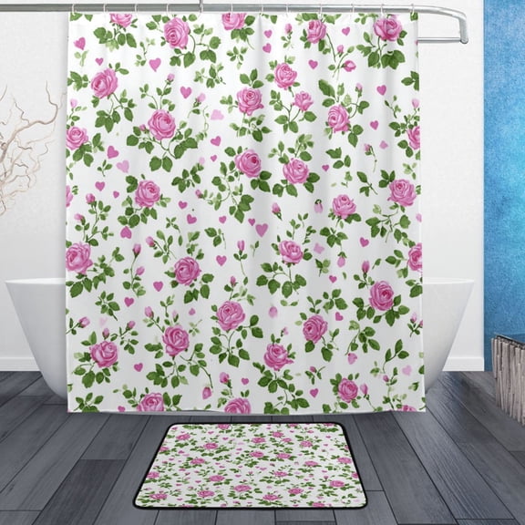 TTYFWHD 60" x 72" Shower Curtain and Bath Mat Set Delicate Pink Rose Print Waterproof Bathroom Curtain with 12 Hooks, Bathroom Decor Set