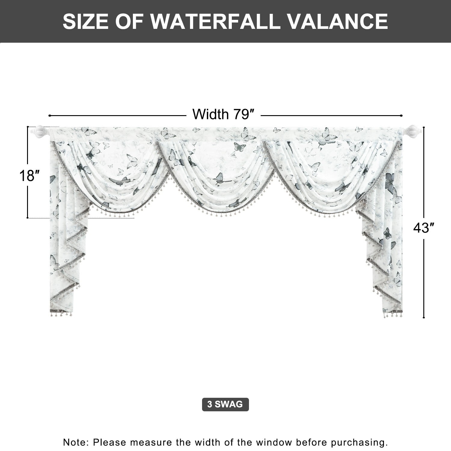 VOGOL Gray Waterfall Valance, Butterfly & Plants Print Swag Design Curtains for Living Room, 79x43 Inches