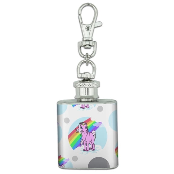 Unicorn Pony Rainbow Pink Stainless Steel 1oz Mini Flask Key Chain