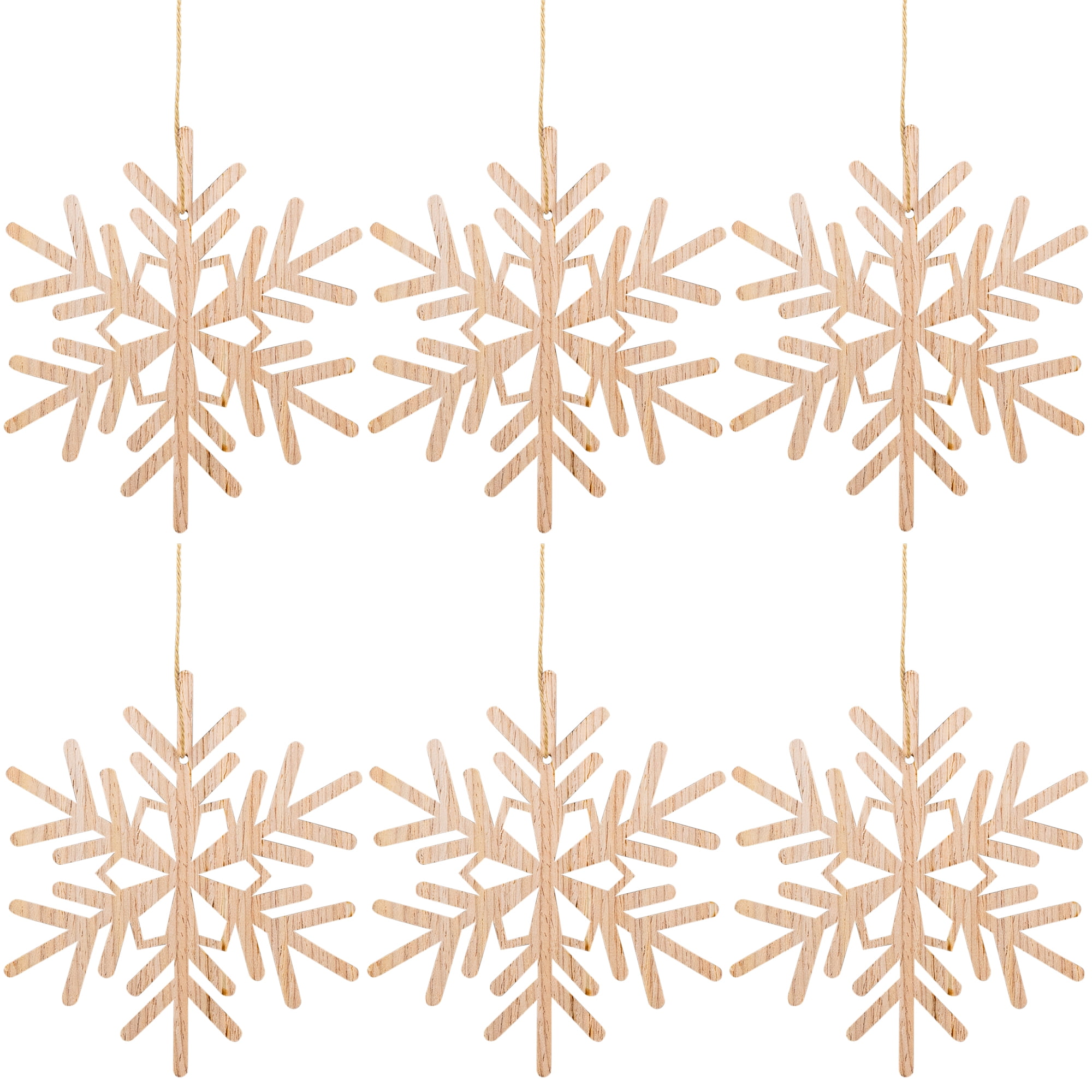 Snowflake Cut-Out Natural Wood Christmas Ornaments - 4.75" - Set of 6