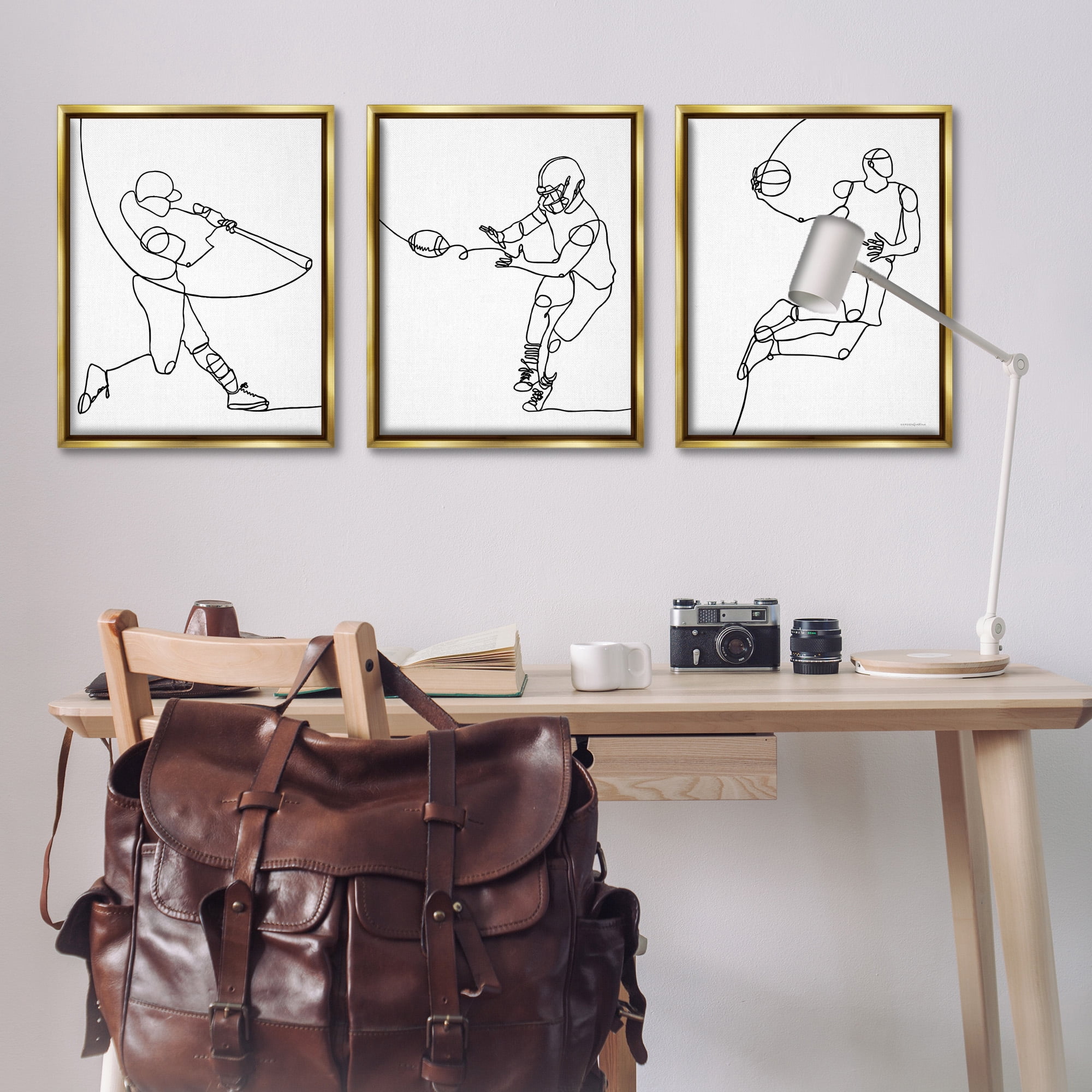 Stupell Industries Simple Line Doodle Playing Sports Sports Painting Gold Floater Framed Canvas Art Print Wall Art, 25 x 31, Set of 3