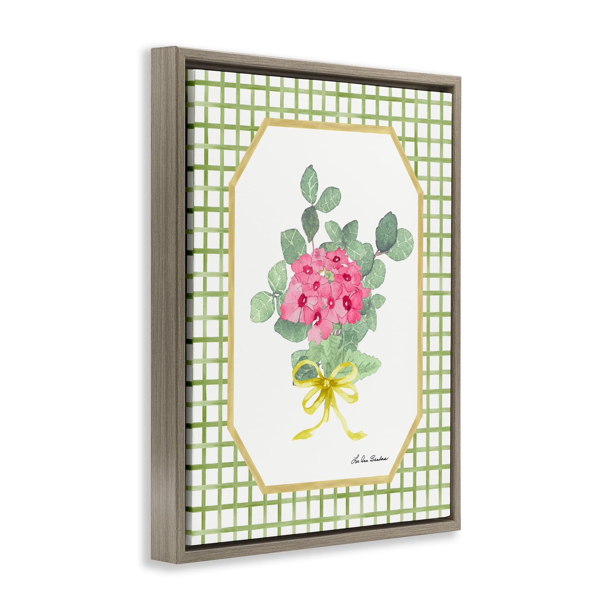 Botanical Story on Grid Pattern Brown Framed Floater Canvas Wall Art, design by Lee Ann Sanders