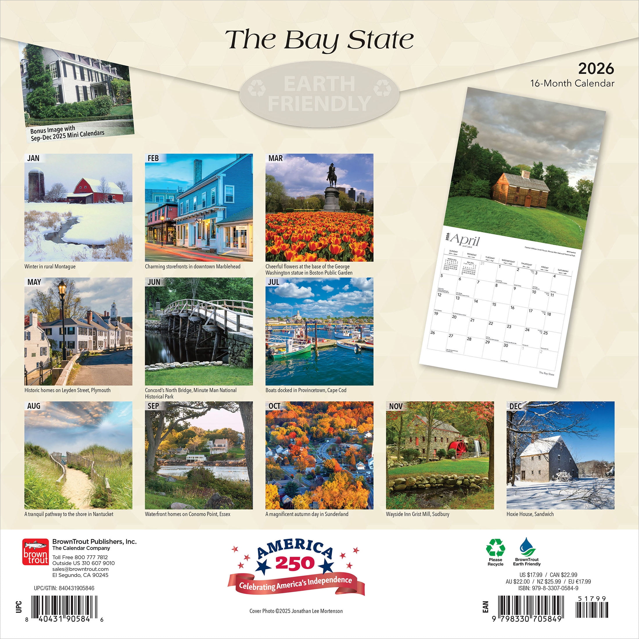Massachusetts Places 2026 12x24" (Hanging) Wall Calendar Plastic-Free | BrownTrout