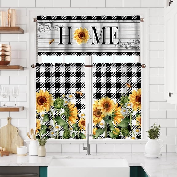 Sunflower Kitchen Curtains Set – Plaid Floral Short Curtain & Valance, Light Filtering Farmhouse Drapes for Dining Room, Rod Pocket – 3-Piece Country Window Treatment