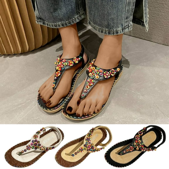 Jacenvly 2024 New Bohemian Sandals Women's Summer Casual Shoes with Round Toe Flat Beach Sandals Beige Sandals for Women
