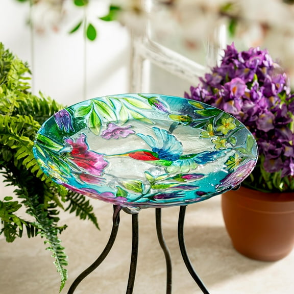 18" Glass Bird Bath, Hummingbird