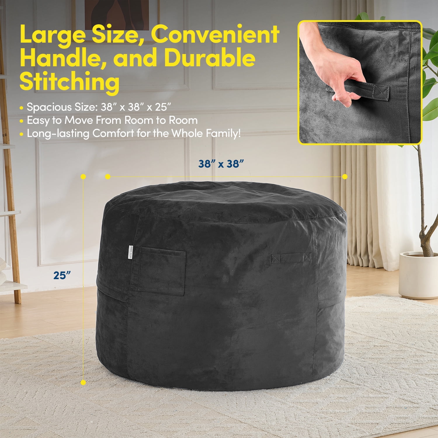 3FT Bean Bag Chair, Adults Foam Round Big Sofa Bean Bag for All Ages, Removable Velvet Cover, Charcoal