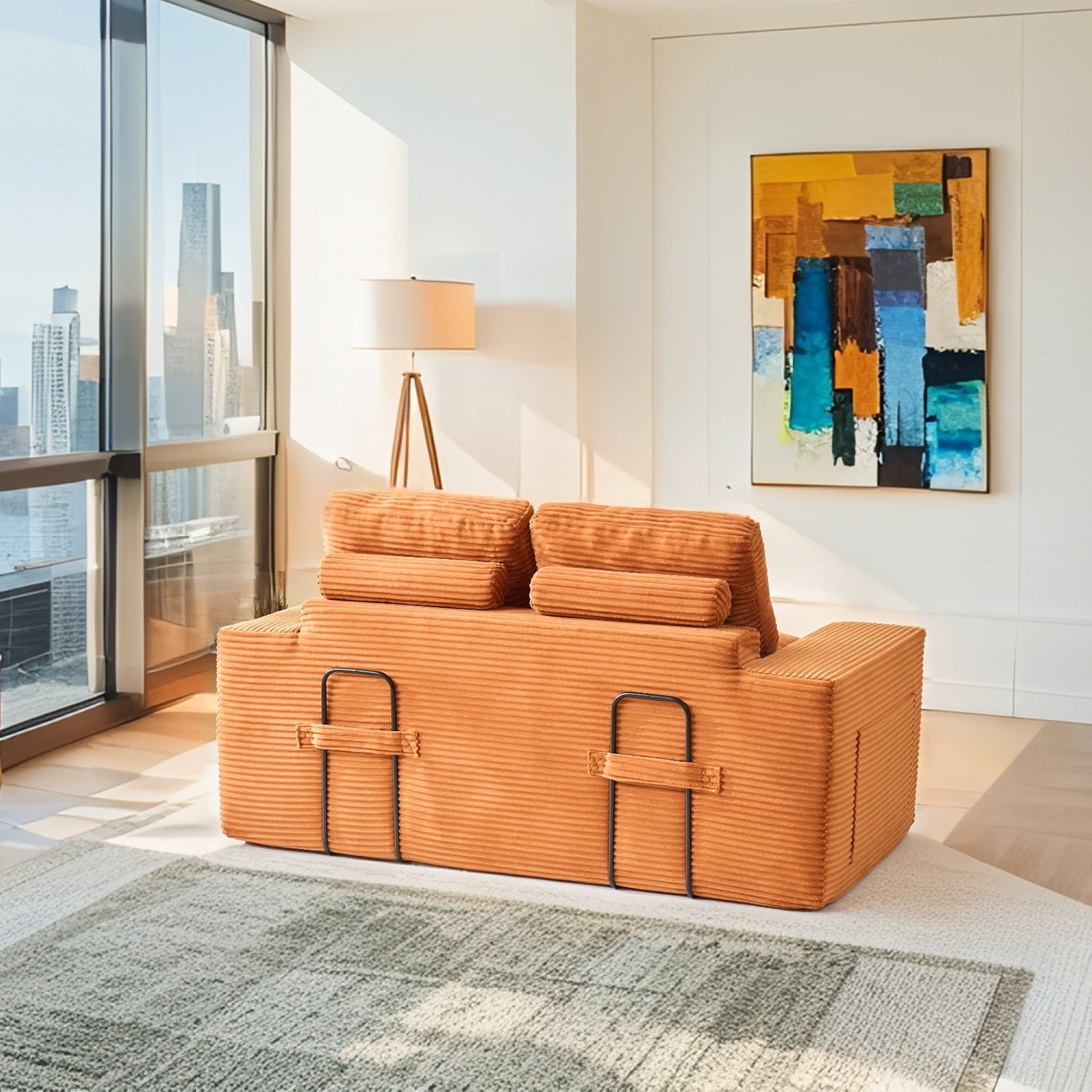 Leumius Futon Sofa Bed,2-in-1 Folding Sofa Bed with Memory Foam & Steel Frame,Corduroy Fabric Boneless Floor Sofa for Small Spaces, Apartments, Home Office & Bedroom,Orange