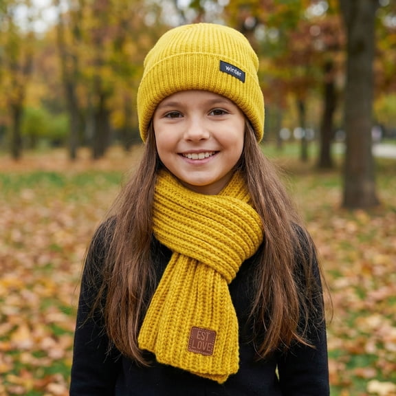 Kids Cozy Unisex Winter Beanie Hat and Scarf Set – Thick, Soft Knit for Warmth, Yellow