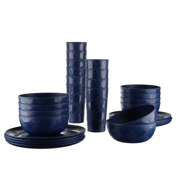 Mainstays 30-Piece Plastic Etched Blueberry Pattern Dinnerware Bundle Set, Navy Blue