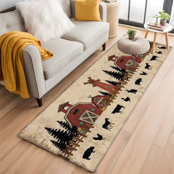 Runner Rug 2 x 6 Ft, Brown Farmhouse Washable Non-Slip Floor Mat for Kitchen Hallway/Entryway, Vintage Country Animals Cabin Forest Long Kitchen Runner Area Rugs for Living Room, Low-Profile