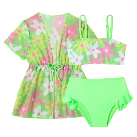 Girls Swimsuit 3 Piece Bikini Set Sleeveless Cartoon Print Bathing Suit Briefs Light Green 9-12 Months