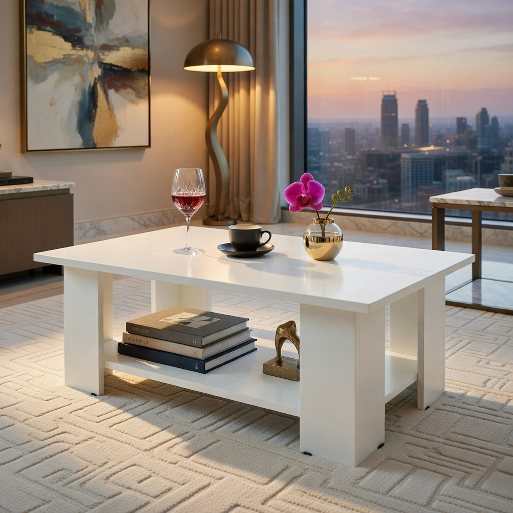 Demi Bonn 36" Wooden Coffee Table, Large 2-tier Modern Side Table with Storage Shelf for Living Room, Reception Room, White