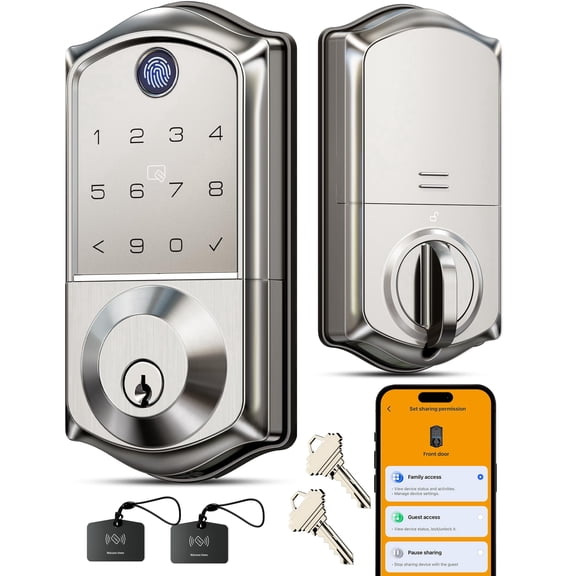 Veise VE017 Fingerprint Smart Door Lock with App Control, Satin Nickel | 8-in-1 Keyless Entry, Remote User Management, Auto Lock, Electronic Touchscreen Keypad, USB-C Port, Deadbolt for Front Door