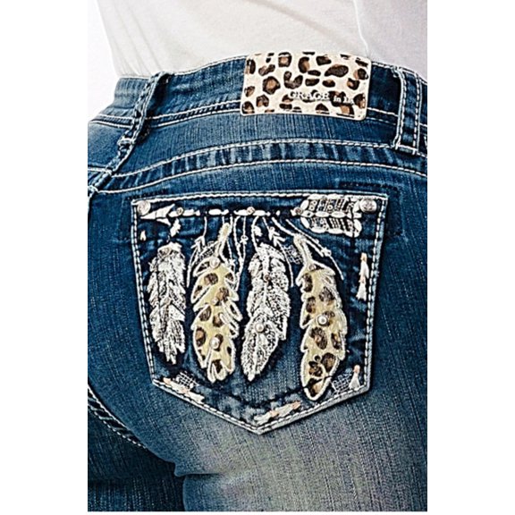 Grace in LA Women's Leopard Feather Embellished Bootcut Stretch Jeans (25)