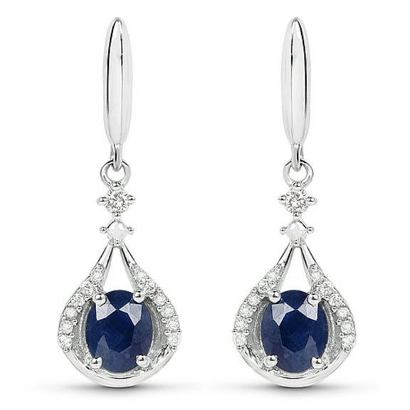Genuine Oval Blue Sapphire and Diamond Earrings in 14k White Gold