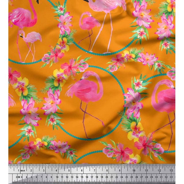 Soimoi Poly Georgette Fabric Floral Wreath & Flamingo Bird Print Fabric by The Yard 52 Inch Wide
