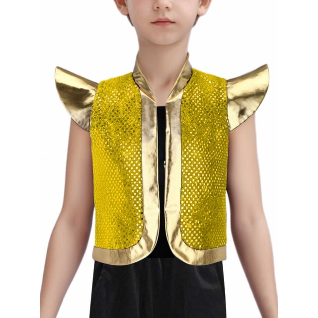 Moggemol Gilet Prince Garçon Design Arabe à Sequins Ouvert devant avec Manches Courtes Or 6