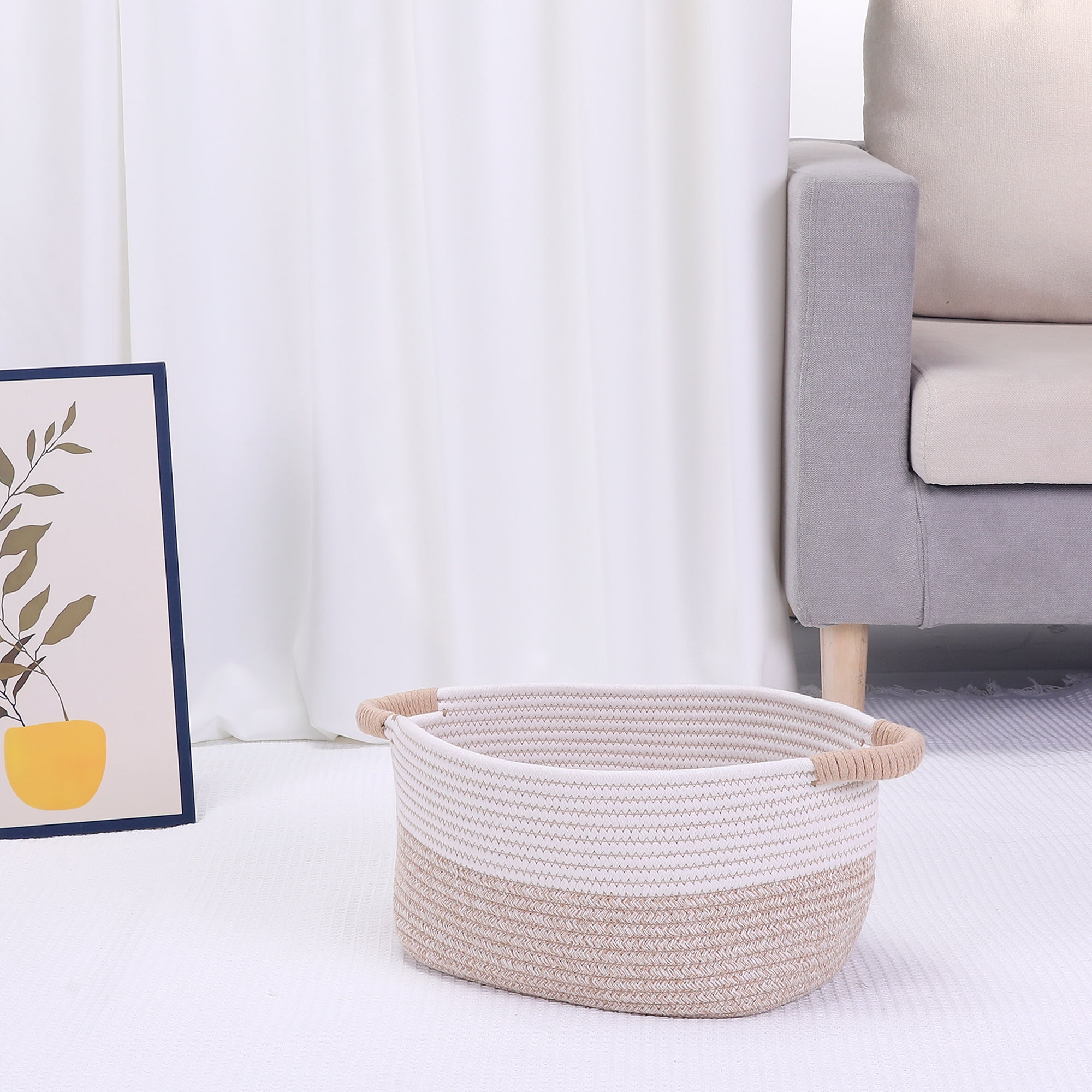 Unique Bargains Woven Storage Basket Bin with Handles White/Khaki 13*9.5*7in