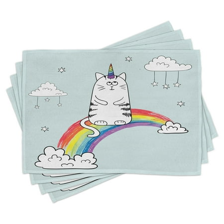 

Unicorn Cat Placemats Set of 4 Lovely Figure on Sketchy Rainbow Follow Your Dreams Inspirational Fantasy Sky Washable Fabric Place Mats for Dining Room Kitchen Table Decor Multicolor by Ambesonne