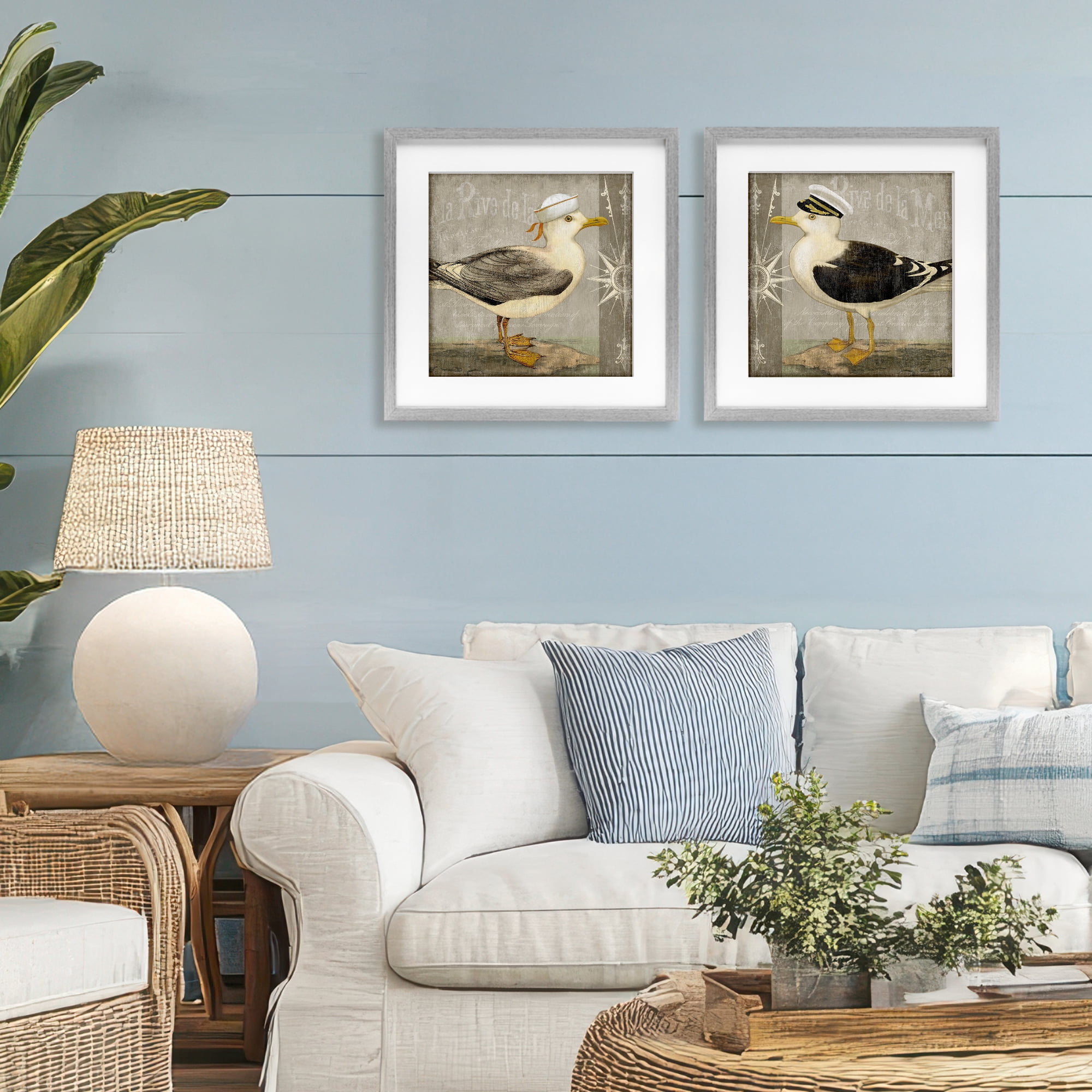 Stupell Industries Little Seagulls with Hats 2 Piece Gray Framed Print Under Glass Set, design by Suzanne Nicoll