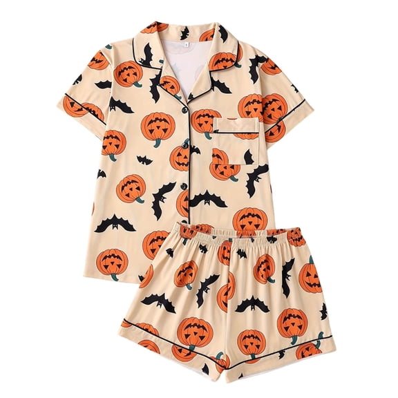 OSOLU Women's Halloween Pajama Sets Pumpkin Bat Print Short Sleeve Button Down Sleepwear Shorts Home Outfit Orange